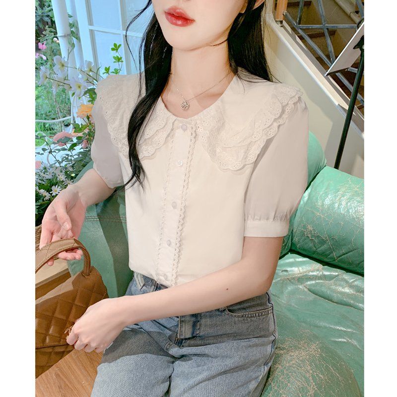 여성 여름 레이스 카라 블라우스 퍼프소매 프릴 단추 장식 데일리 여성스러운 화이트 - 상세 이미지 2