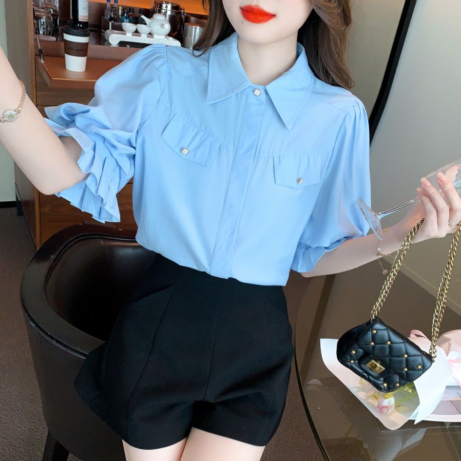 봄 여름 여성 스트레이트핏 라운드넥 퍼프소매 반팔 셔츠 블라우스 빅사이즈 데일리룩 블루 - 상품 이미지