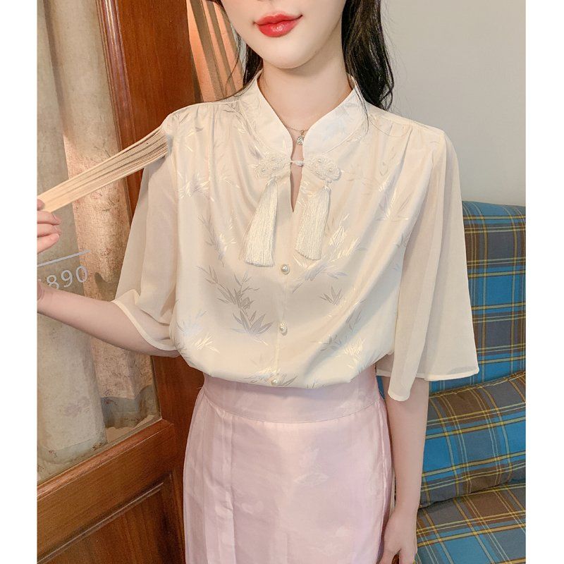 여성 여름 루즈핏 차이나넥 블라우스 태슬 진주 버튼 패턴 반팔 시스루 아이보리 - 상세 이미지 5