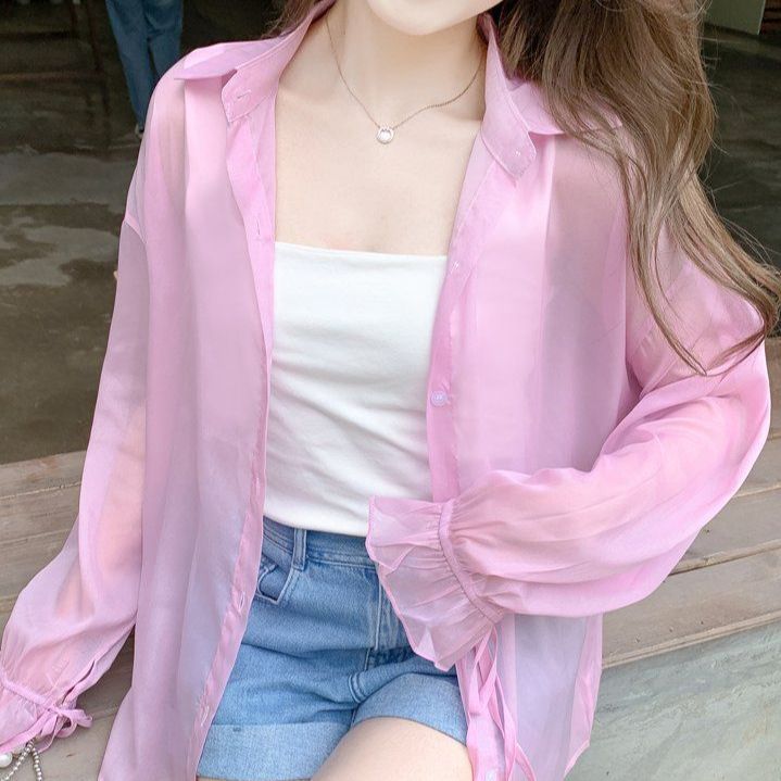 여성 봄 여름 루즈핏 시스루 카라 긴팔 롱 블라우스 소매 스트링 얇은 데일리 오피스룩 핑크 - 상품 이미지
