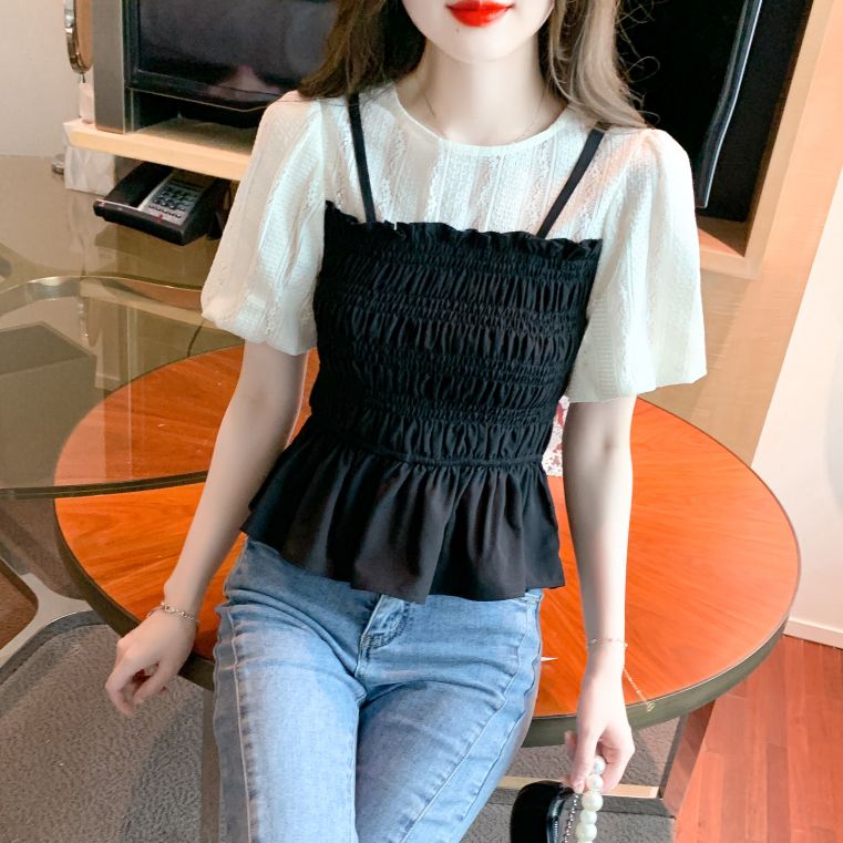 봄 여름 여성 슬림핏 레이어드룩 뷔스티에 펀칭 반팔 블라우스 데일리룩 블랙 아이보리 - 상세 이미지 4