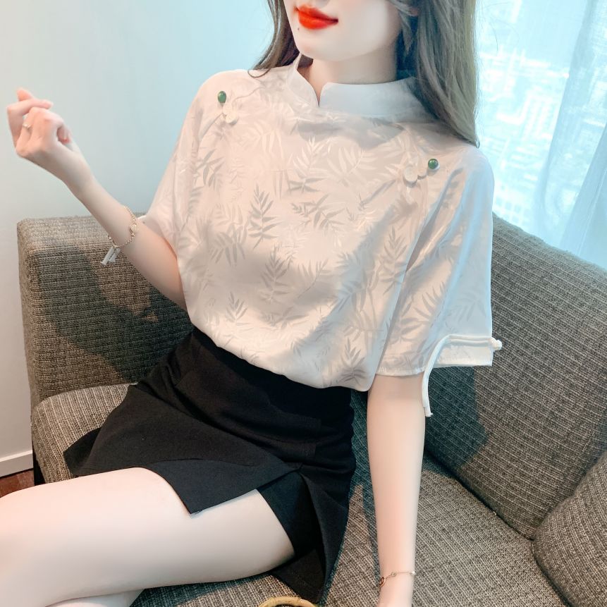봄 여름 여성 스트레이트핏 차이나카라 자카드 반팔 블라우스 빅사이즈 오리엔탈무드 화이트 - 상세 이미지 3
