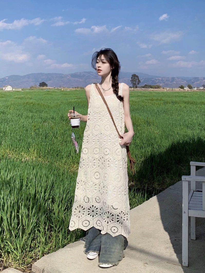 펀칭자수원피스 나트랑원피스 다낭 보라카이 크로쉐니트원피스 베트남 민소매 바지위 - 상세 이미지 5