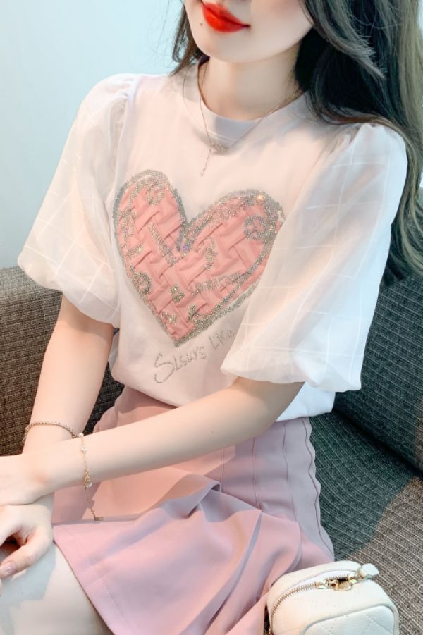 봄 여름 여성 스트레이트핏 라운드넥 하트 큐빅 시스루 퍼프 반팔 티셔츠 화이트 - 상세 이미지 5