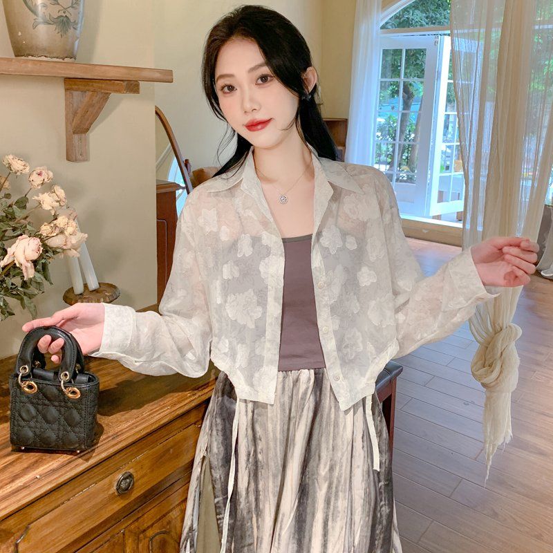 봄 여름 여성 빅사이즈 시스루 플라워 크롭 긴팔 셔츠 데일리룩 아이보리 플라워 - 상세 이미지 5
