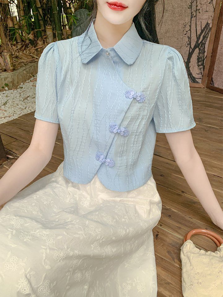봄 여름 여성 빅사이즈 차이나버튼 크롭 블라우스 라운드카라 반팔 스카이블루 - 상세 이미지 2