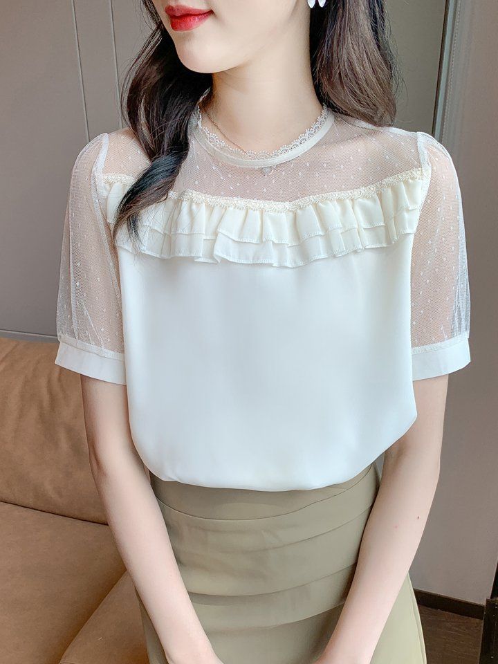 여성 여름 라운드넥 블라우스 도트 시스루 프릴 반팔 데일리 여성스러운 아이보리 - 상세 이미지 4