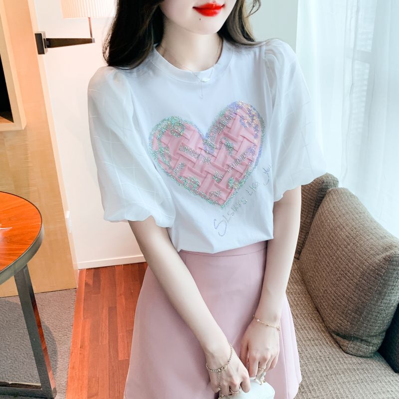 봄 여름 여성 스트레이트핏 라운드넥 하트 큐빅 시스루 퍼프 반팔 티셔츠 화이트 - 상세 이미지 4