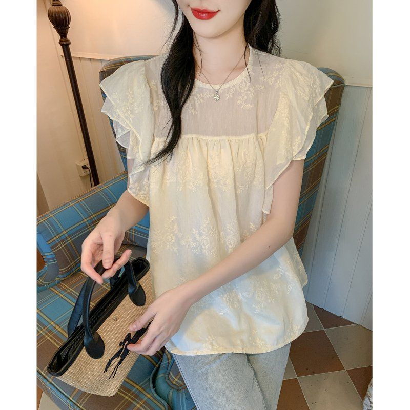 여성 여름 루즈핏 라운드넥 블라우스 프릴 어깨 자수 시스루 데일리룩 아이보리 - 상세 이미지 5
