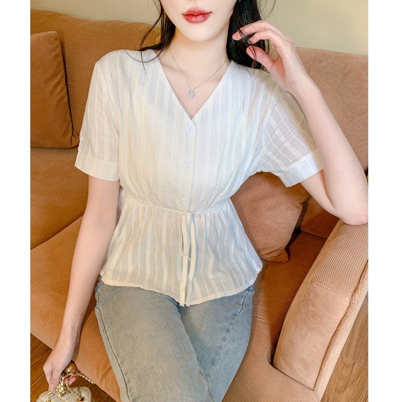 봄 여름 여성 빅사이즈 브이넥 허리스트링 페플럼 반팔 블라우스 슬림핏 화이트 - 상세 이미지 5