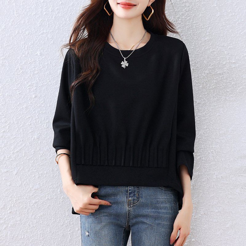 여성 봄 가을 빅사이즈 루즈핏 핀턱 밴딩 맨투맨 7부소매 라운드넥 언발란스 티셔츠 블랙 - 상품 이미지
