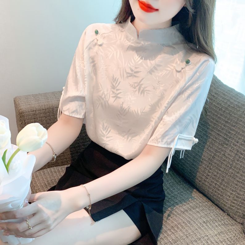 봄 여름 여성 스트레이트핏 차이나카라 자카드 반팔 블라우스 빅사이즈 오리엔탈무드 화이트 - 상세 이미지 2