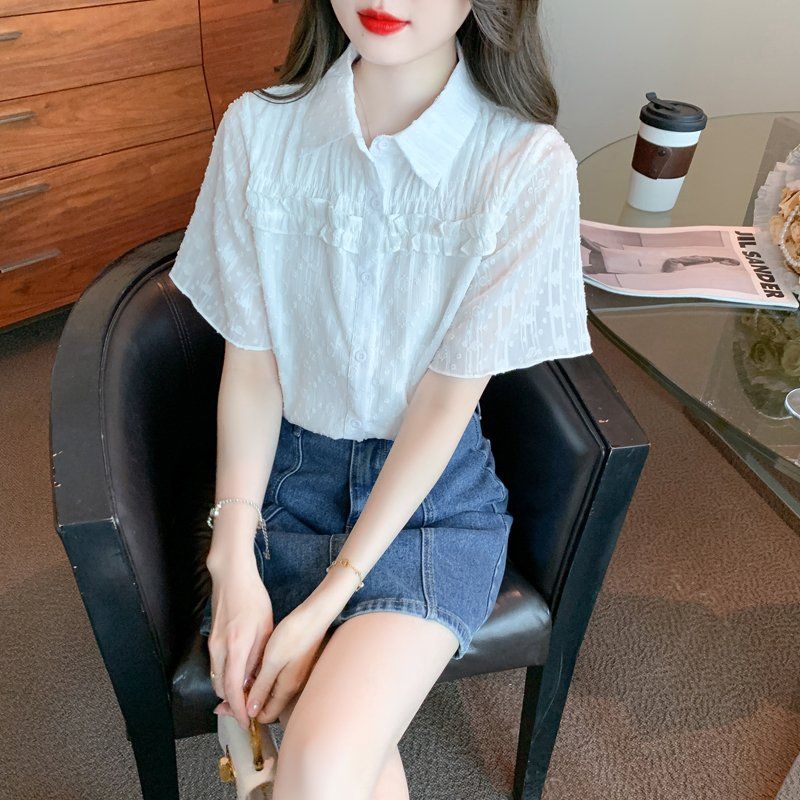 봄 여름 여성 스트레이트핏 폴로카라 플레어소매 셔링 반팔 셔츠 블라우스 빅사이즈 화이트 - 상품 이미지