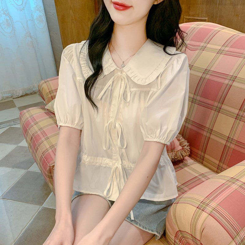여성 봄 여름 퍼프소매 프릴카라 스트링 반팔 블라우스 데일리 캐주얼 만능코디 화이트 - 메인 이미지