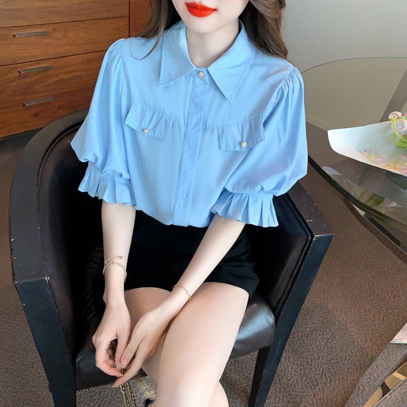 봄 여름 여성 스트레이트핏 라운드넥 퍼프소매 반팔 셔츠 블라우스 빅사이즈 데일리룩 블루 - 상세 이미지 4
