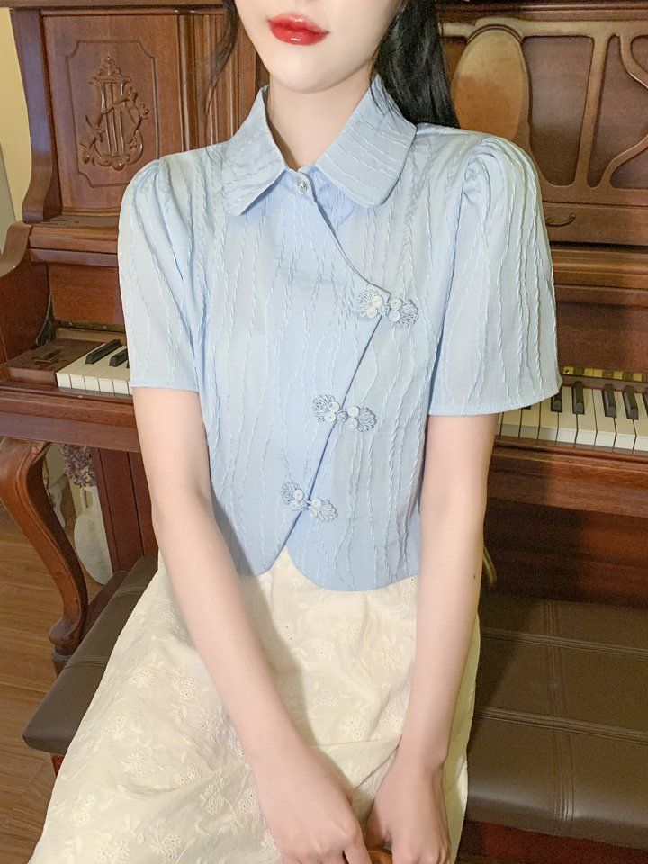 봄 여름 여성 빅사이즈 차이나버튼 크롭 블라우스 라운드카라 반팔 스카이블루 - 상세 이미지 5