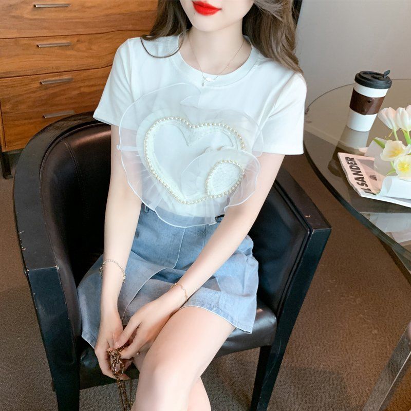 봄 여름 여성 루즈핏 라운드넥 하트 진주장식 반팔 티셔츠 빅사이즈 데일리룩 화이트 - 상품 이미지