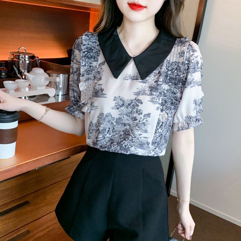 봄 여름 여성 스트레이트핏 피터팬카라 러플소매 패턴 블라우스 빅사이즈 데일리룩 블랙 화이트 - 상세 이미지 2