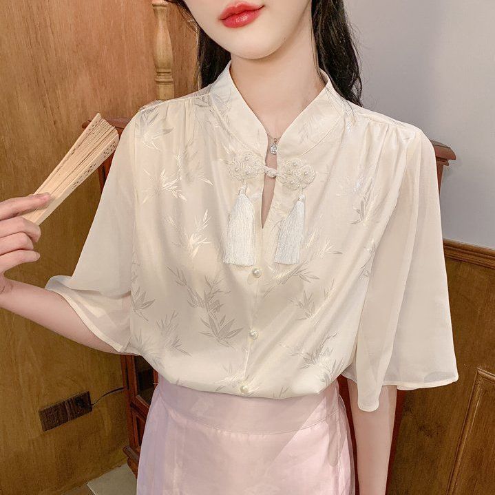 여성 여름 루즈핏 차이나넥 블라우스 태슬 진주 버튼 패턴 반팔 시스루 아이보리 - 상품 이미지