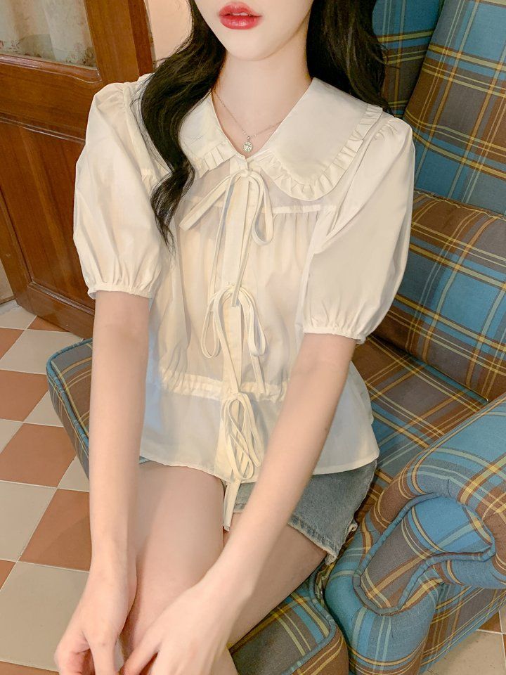 여성 봄 여름 퍼프소매 프릴카라 스트링 반팔 블라우스 데일리 캐주얼 만능코디 화이트 - 상세 이미지 5