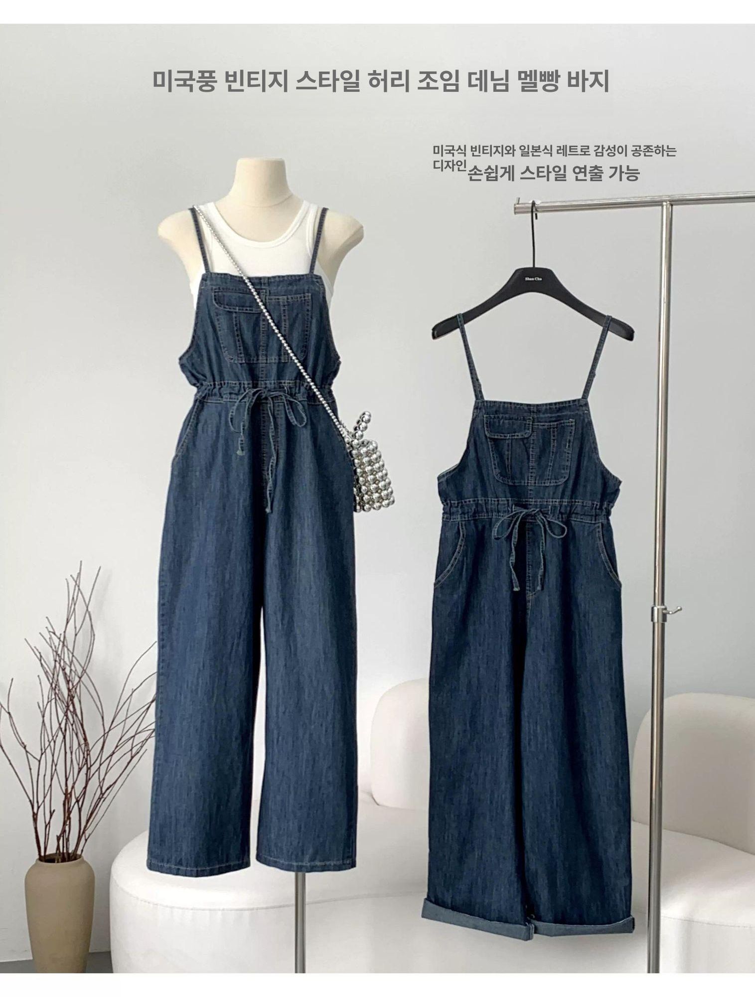 점프슈트코디 데님 끈 청바지 허리 스트링 점프 슈트 얇은끈 멜빵 바지 - 상세 이미지 2