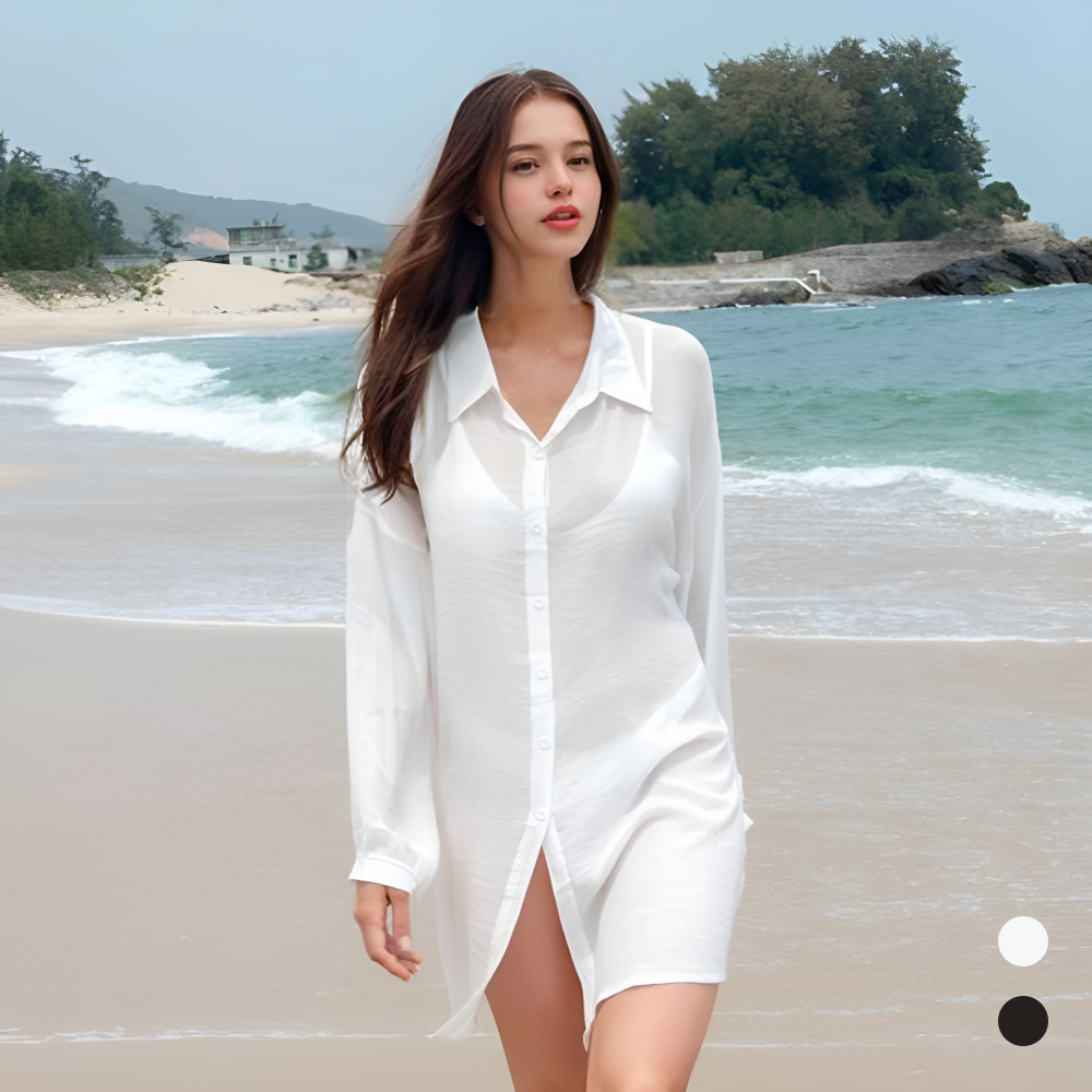 거즈면블라우스 여자 거즈 남방 시스루 비치 휴양지 롱 셔츠 - 메인 이미지