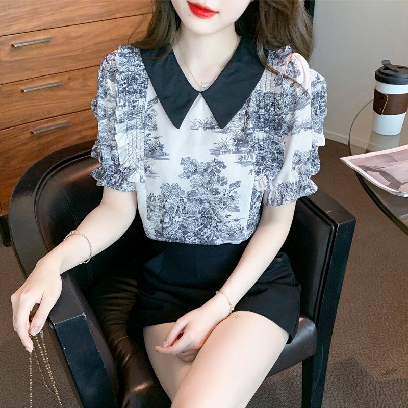 봄 여름 여성 스트레이트핏 피터팬카라 러플소매 패턴 블라우스 빅사이즈 데일리룩 블랙 화이트 - 상품 이미지