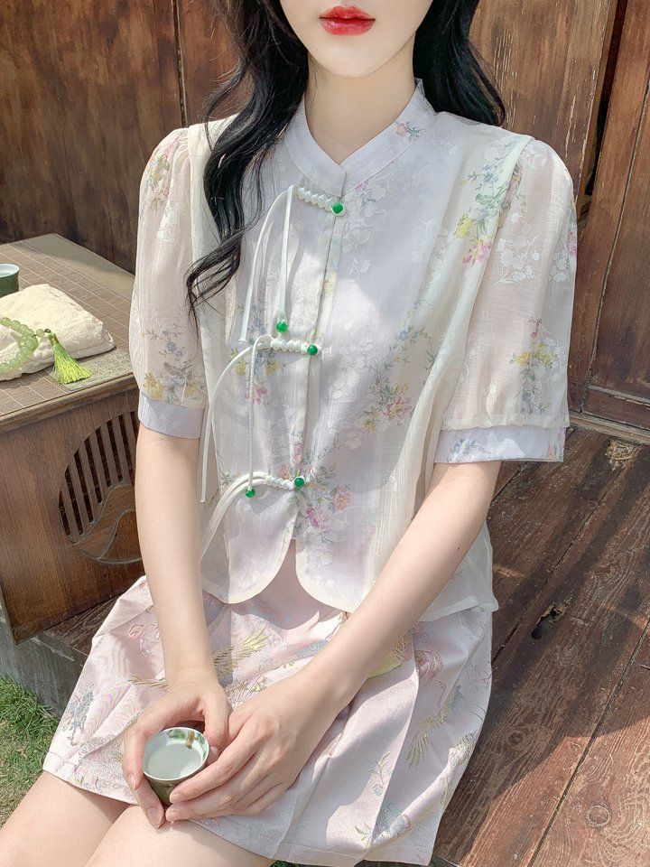 봄 여름 여성 빅사이즈 시스루 플라워 차이나카라 반팔 블라우스 아이보리 플라워 - 상세 이미지 3