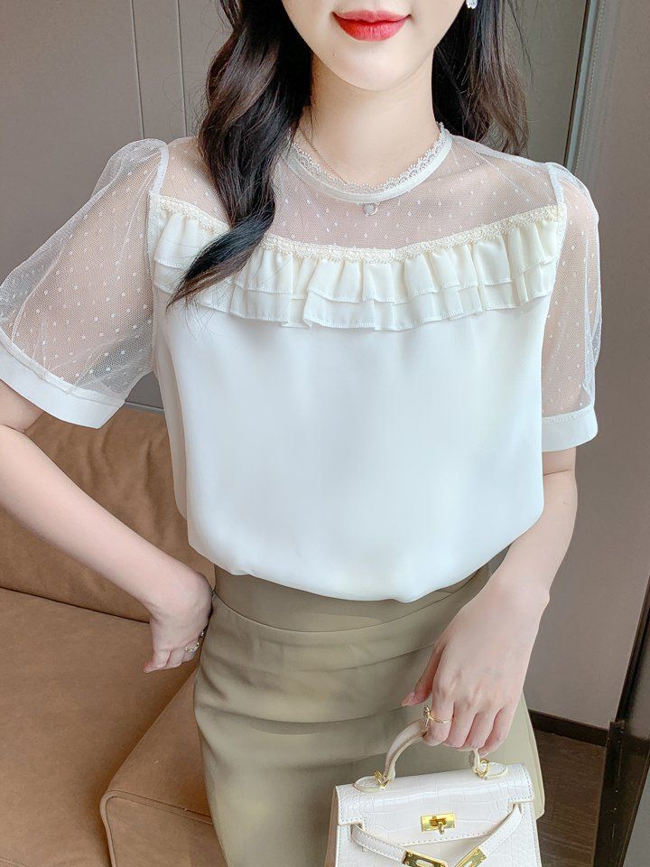 여성 여름 라운드넥 블라우스 도트 시스루 프릴 반팔 데일리 여성스러운 아이보리 - 상세 이미지 2