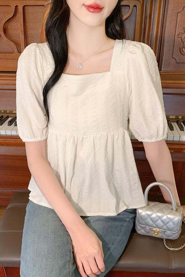 봄 여름 여성 빅사이즈 스퀘어넥 퍼프소매 페플럼 블라우스 루즈핏 데일리룩 아이보리 - 상세 이미지 4