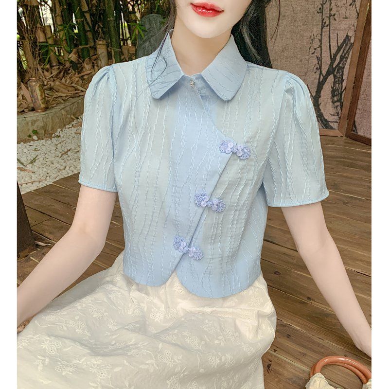 봄 여름 여성 빅사이즈 차이나버튼 크롭 블라우스 라운드카라 반팔 스카이블루 - 상품 이미지