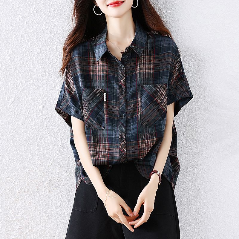여성 봄 여름 빅사이즈 루즈핏 체크 셔츠 블라우스 반팔 카라 포켓 언발란스 블루 체크 - 상품 이미지