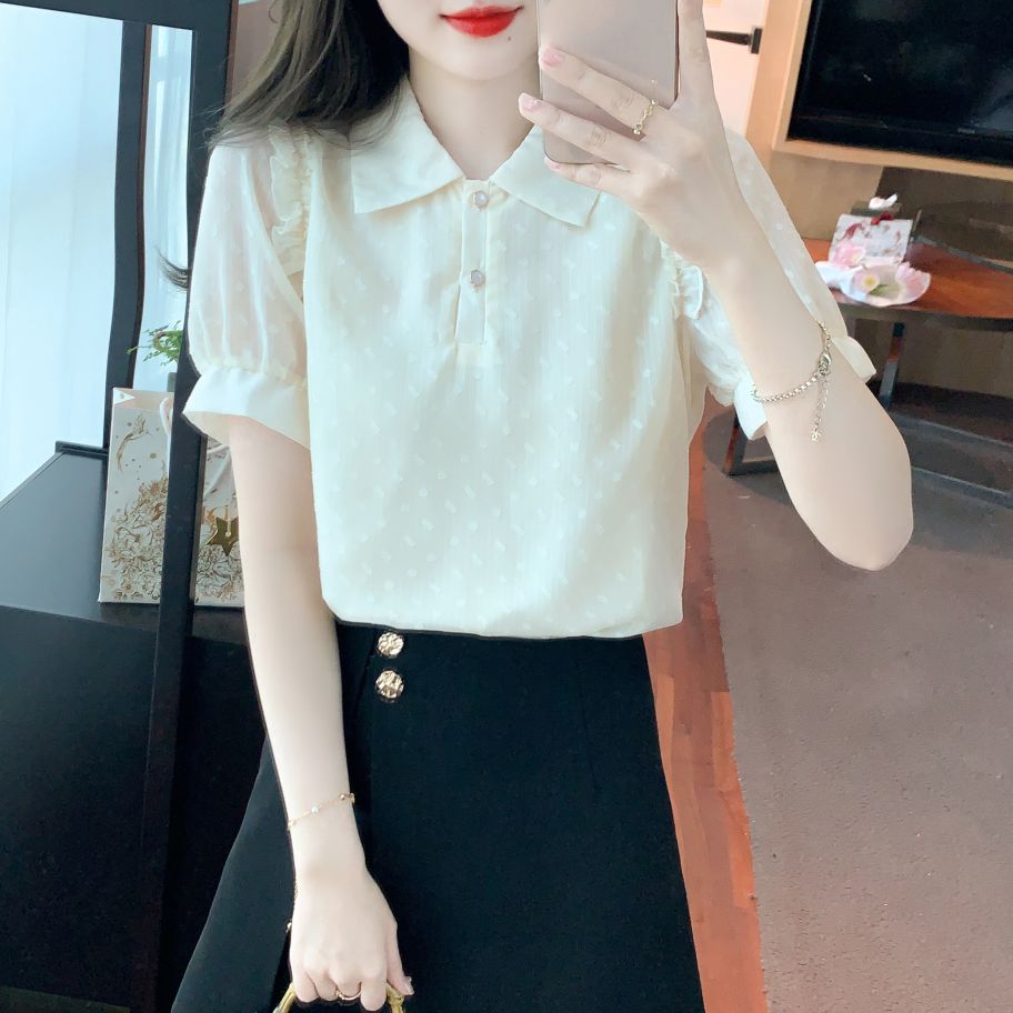 봄 여름 여성 스트레이트핏 폴로카라 퍼프소매 러플 반팔 블라우스 빅사이즈 데일리룩 아이보리 - 상세 이미지 4