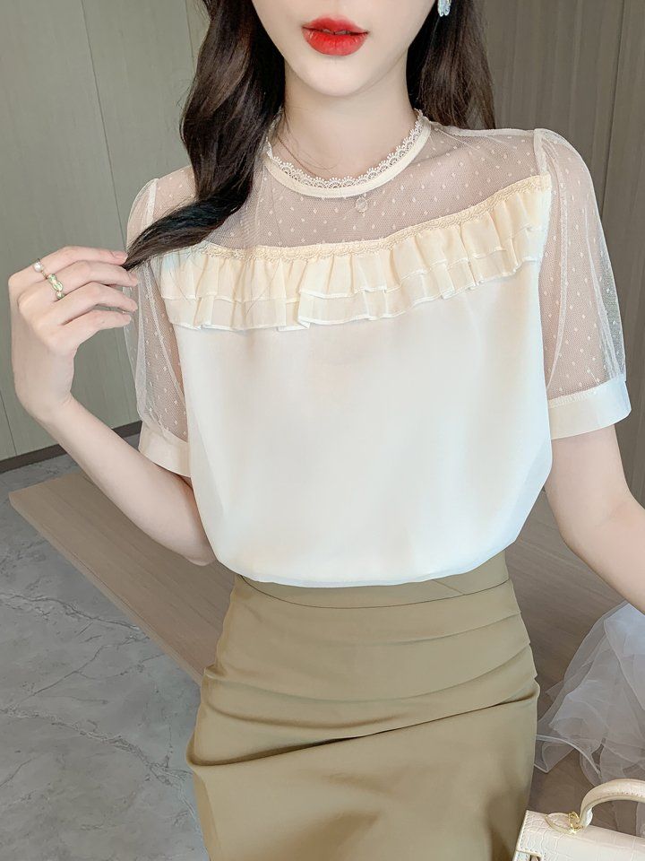 여성 여름 라운드넥 블라우스 도트 시스루 프릴 반팔 데일리 여성스러운 아이보리 - 상세 이미지 5
