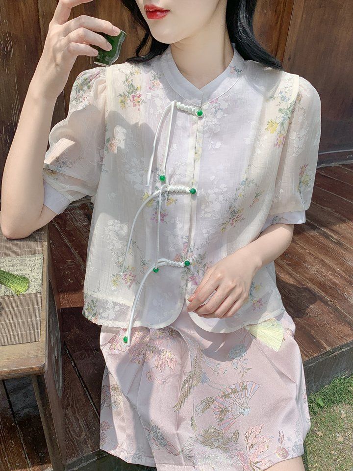 봄 여름 여성 빅사이즈 시스루 플라워 차이나카라 반팔 블라우스 아이보리 플라워 - 상세 이미지 2