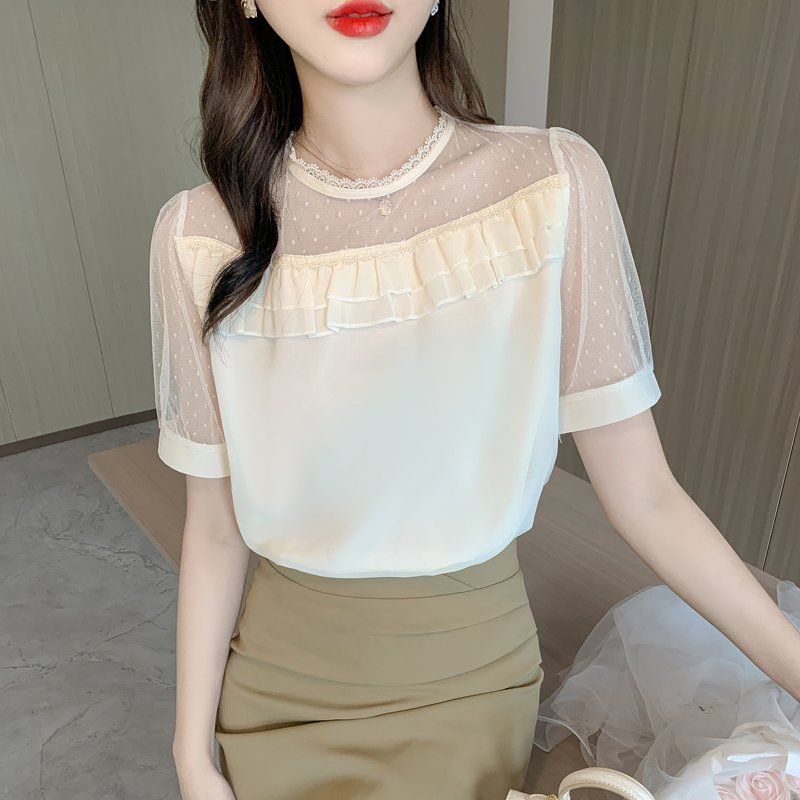 여성 여름 라운드넥 블라우스 도트 시스루 프릴 반팔 데일리 여성스러운 아이보리 - 상품 이미지