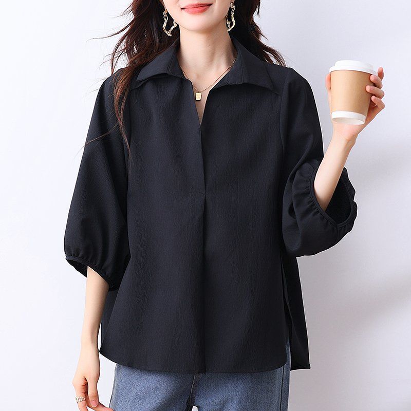 여성 봄 가을 빅사이즈 루즈핏 브이넥 셔츠 블라우스 7부소매 벌룬 언발란스 쉬폰 블랙 - 상세 이미지 3