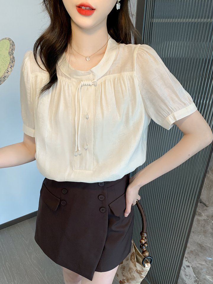 여성 여름 루즈핏 라운드넥 블라우스 스트링 단추 장식 반팔 시스루 데일리 아이보리 - 상세 이미지 2