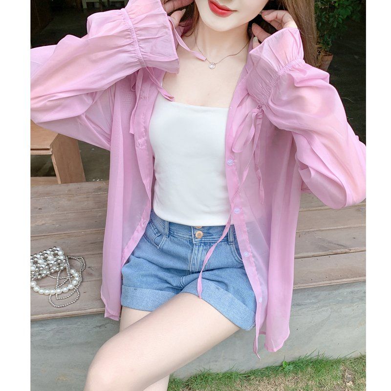 여성 봄 여름 루즈핏 시스루 카라 긴팔 롱 블라우스 소매 스트링 얇은 데일리 오피스룩 핑크 - 상세 이미지 3