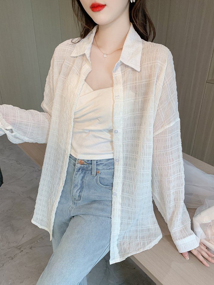 여성 여름 루즈핏 오버핏 시스루 긴팔 셔츠 블라우스 얇은 간절기 데일리 화이트 - 상세 이미지 2