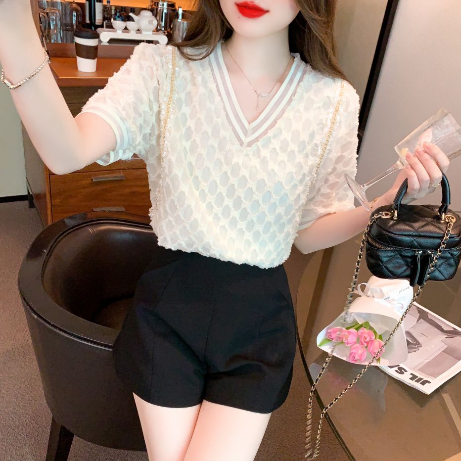 봄 여름 여성 스트레이트핏 V넥 배색 시스루 반팔 블라우스 빅사이즈 오피스룩 아이보리 - 상세 이미지 2