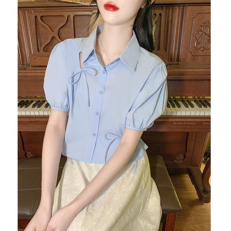 여성 봄 여름 스트레이트핏 컷아웃 스트링 퍼프소매 크롭 카라 블라우스 데일리룩 스카이블루 - 상세 이미지 5