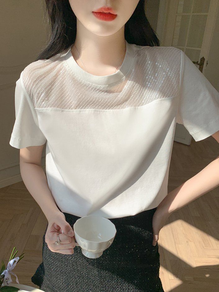 봄 여름 여성 기본핏 스팽글 시스루 포인트 데일리룩 반팔 티셔츠 화이트 - 상세 이미지 3