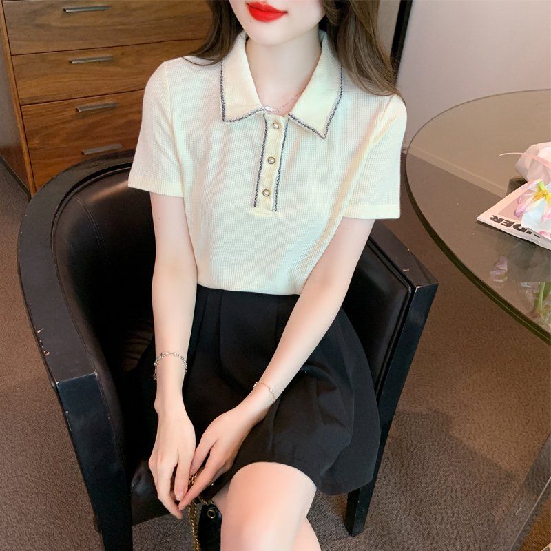 봄 여름 여성 스트레이트핏 폴로카라 배색 스티치 반팔 티셔츠 빅사이즈 데일리룩 아이보리 - 상품 이미지