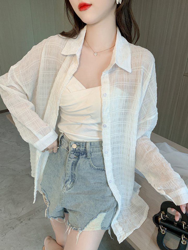 여성 여름 루즈핏 오버핏 시스루 긴팔 셔츠 블라우스 얇은 간절기 데일리 화이트 - 상세 이미지 3