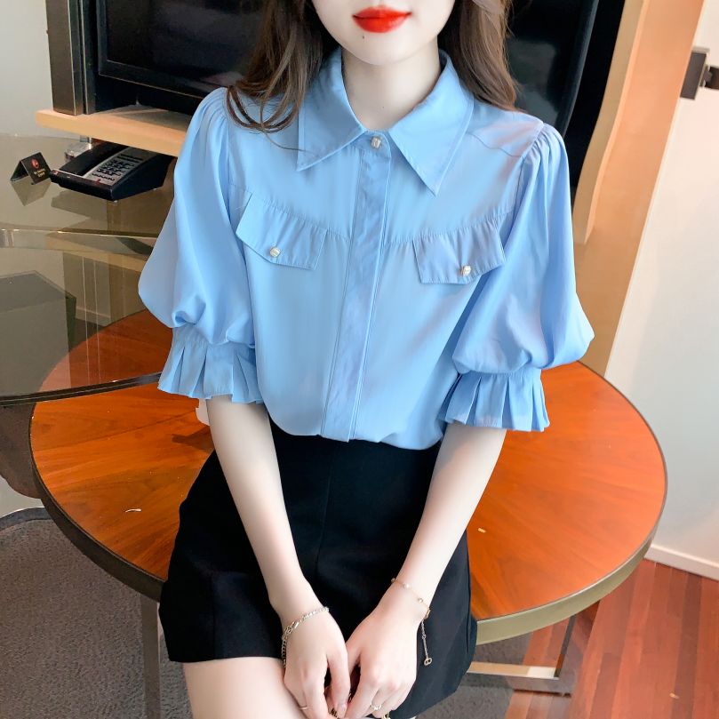 봄 여름 여성 스트레이트핏 라운드넥 퍼프소매 반팔 셔츠 블라우스 빅사이즈 데일리룩 블루 - 상세 이미지 2