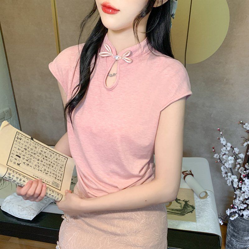 봄 여름 여성 빅사이즈 스탠딩카라 리본매듭 민소매 슬림핏 티셔츠 핑크 - 상품 이미지
