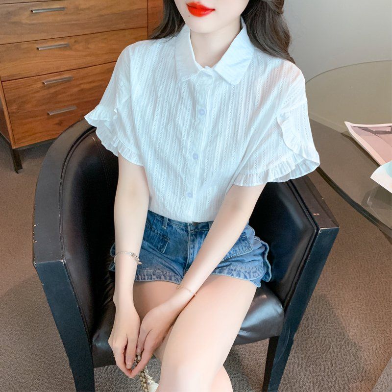 봄 여름 여성 스트레이트핏 플레어소매 펀칭 반팔 셔츠 블라우스 빅사이즈 데일리룩 화이트 - 상품 이미지