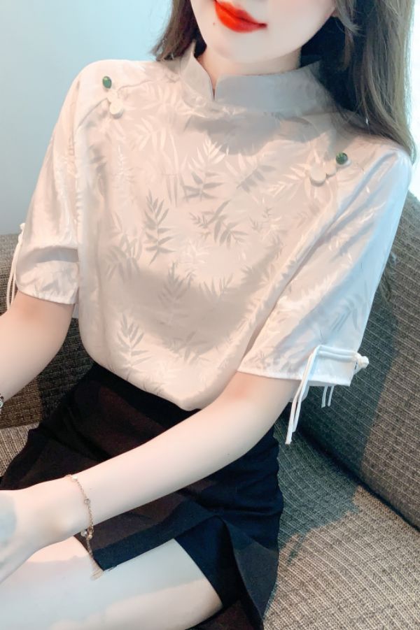 봄 여름 여성 스트레이트핏 차이나카라 자카드 반팔 블라우스 빅사이즈 오리엔탈무드 화이트 - 상세 이미지 5