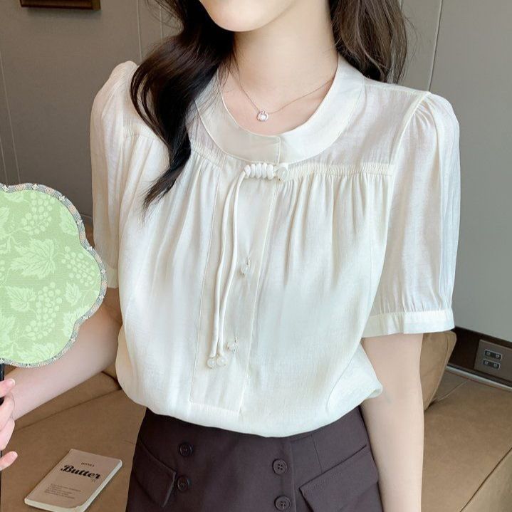 여성 여름 루즈핏 라운드넥 블라우스 스트링 단추 장식 반팔 시스루 데일리 아이보리 - 메인 이미지